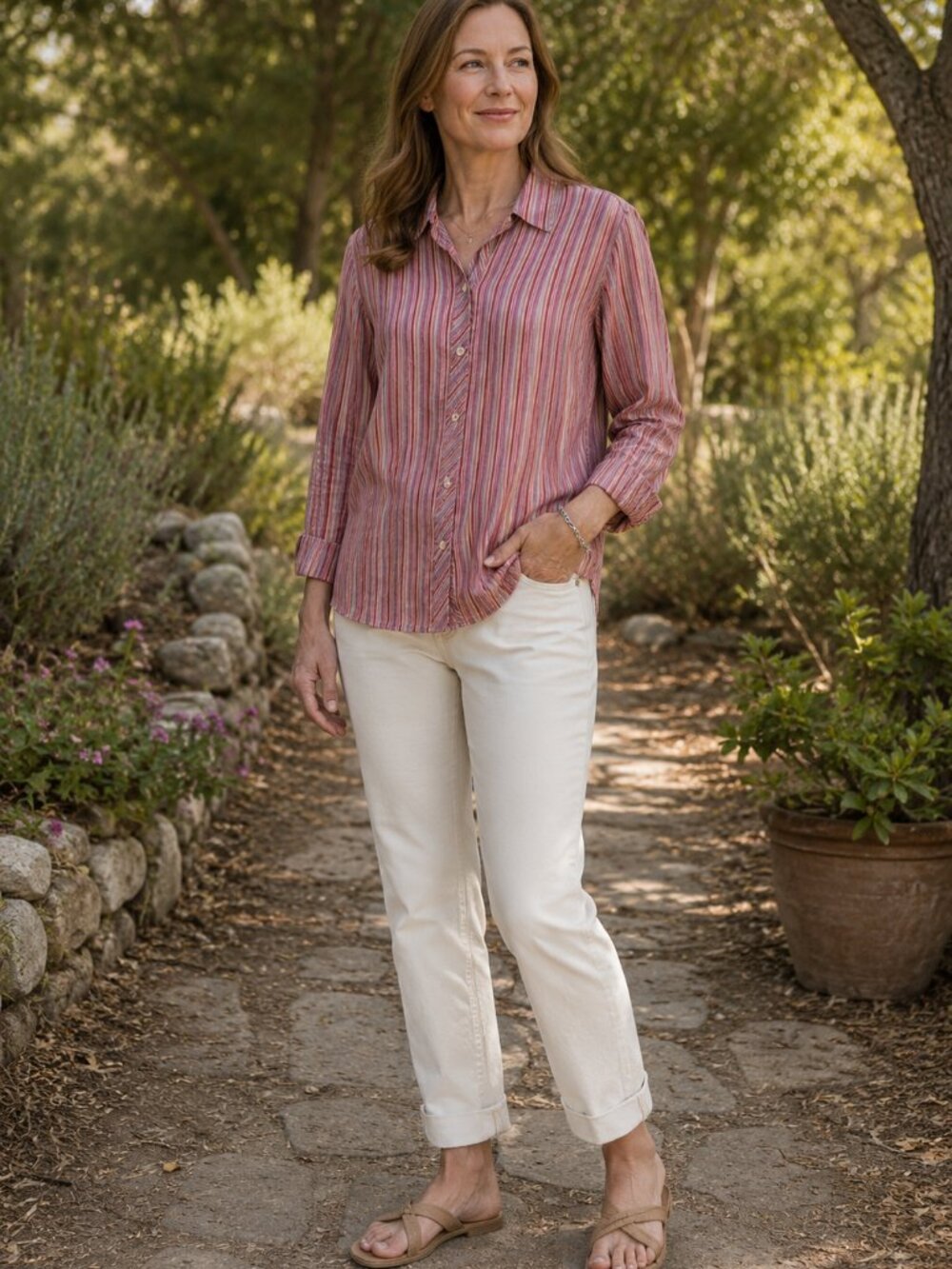 J. Jill Women's Linen Blouse Stripe Long Sleeve Button Up Lightweight shirt XL
